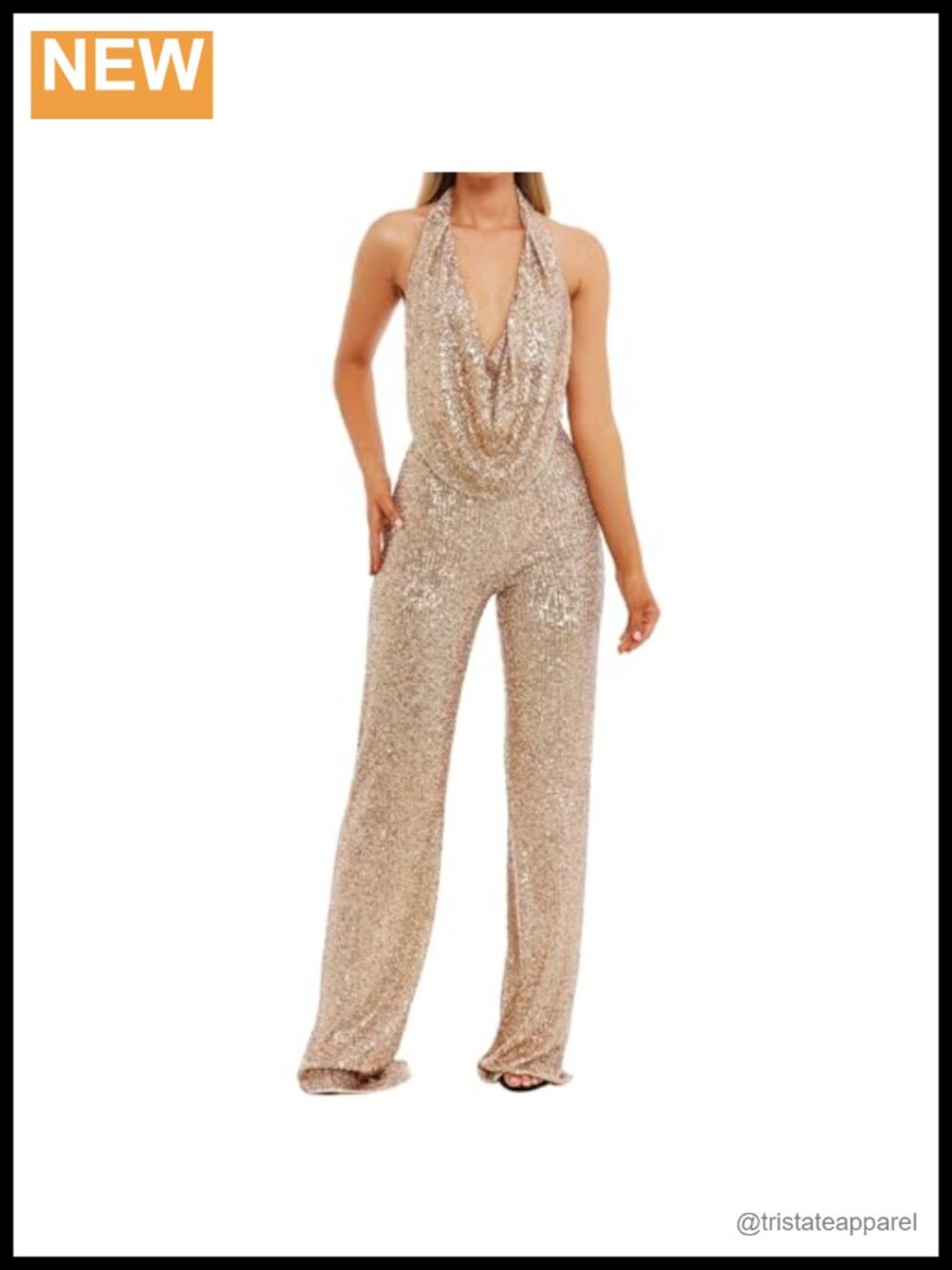 Tenabell Sequin Jumpsuit Halter Neck Backless Wide Leg Party Overalls